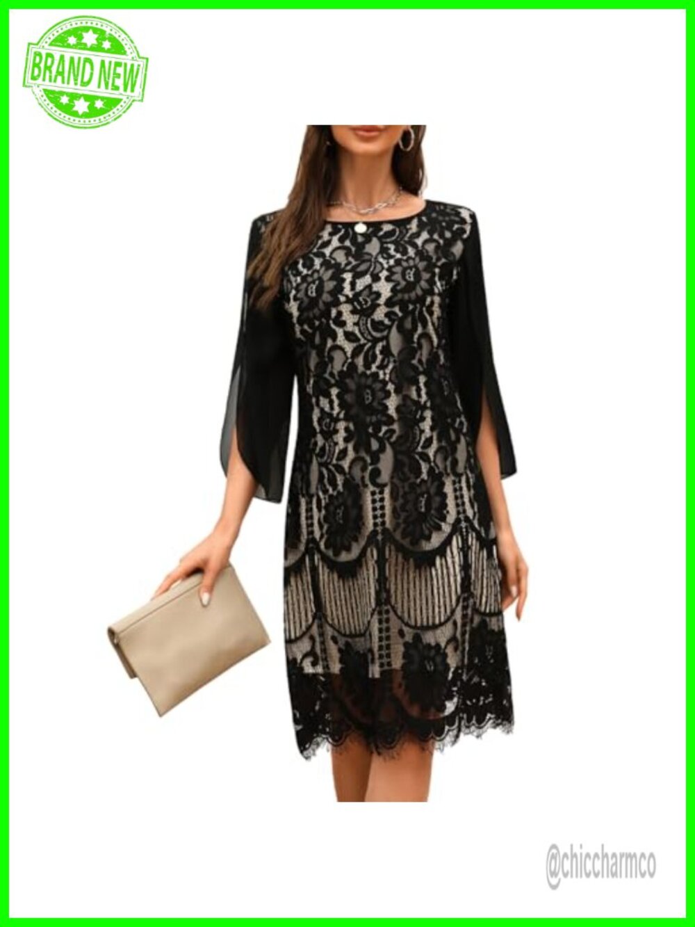Lace Sequin Cocktail Dress A-line Slit Sleeve